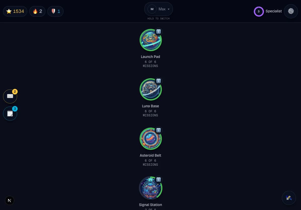 The StarSeeker galaxy map: circular planet patches for Launch Pad, Luna Base, Asteroid Belt and Signal Station connected in a vertical flight path, each showing missions completed