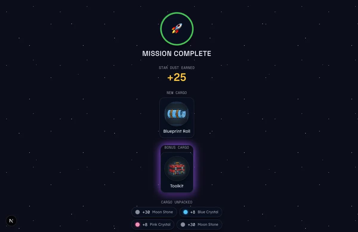 A mid-mission StarSeeker moment with rewards cascading after correct answers.