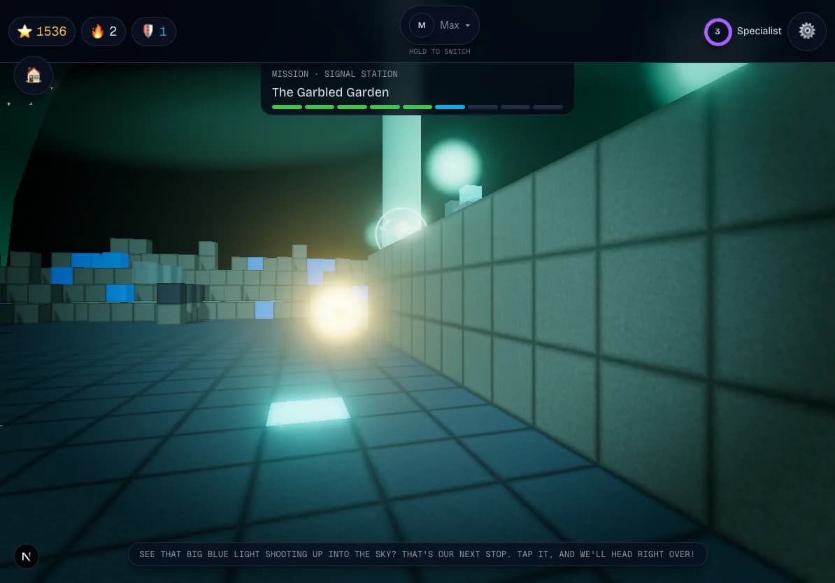 A StarSeeker mission in progress, showing the cockpit, Nova the guide, and the on-screen letter task.