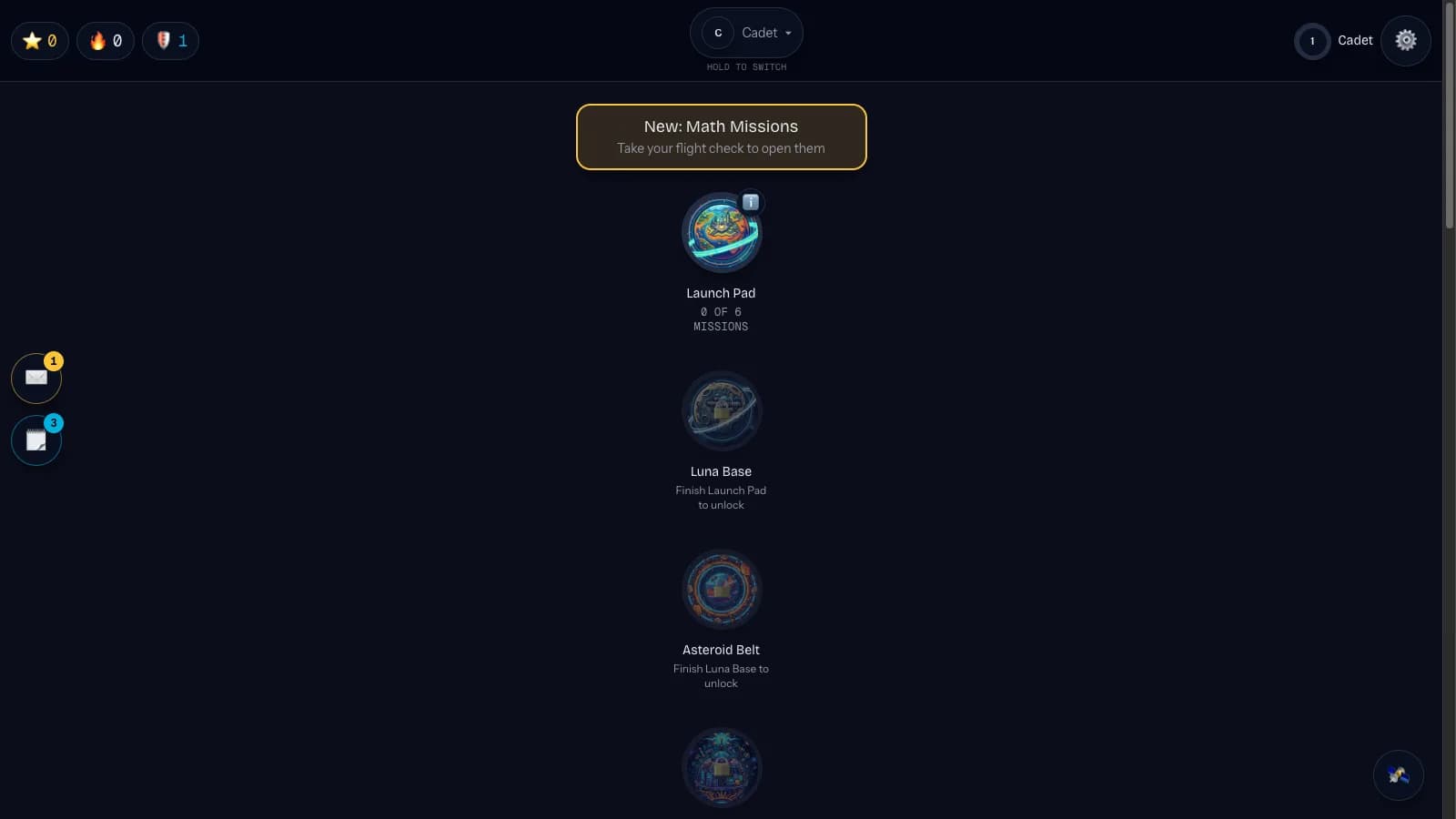 Galaxy map with a "New: Math Missions" banner reading "Take your flight check to open them," shown above the reading planets.