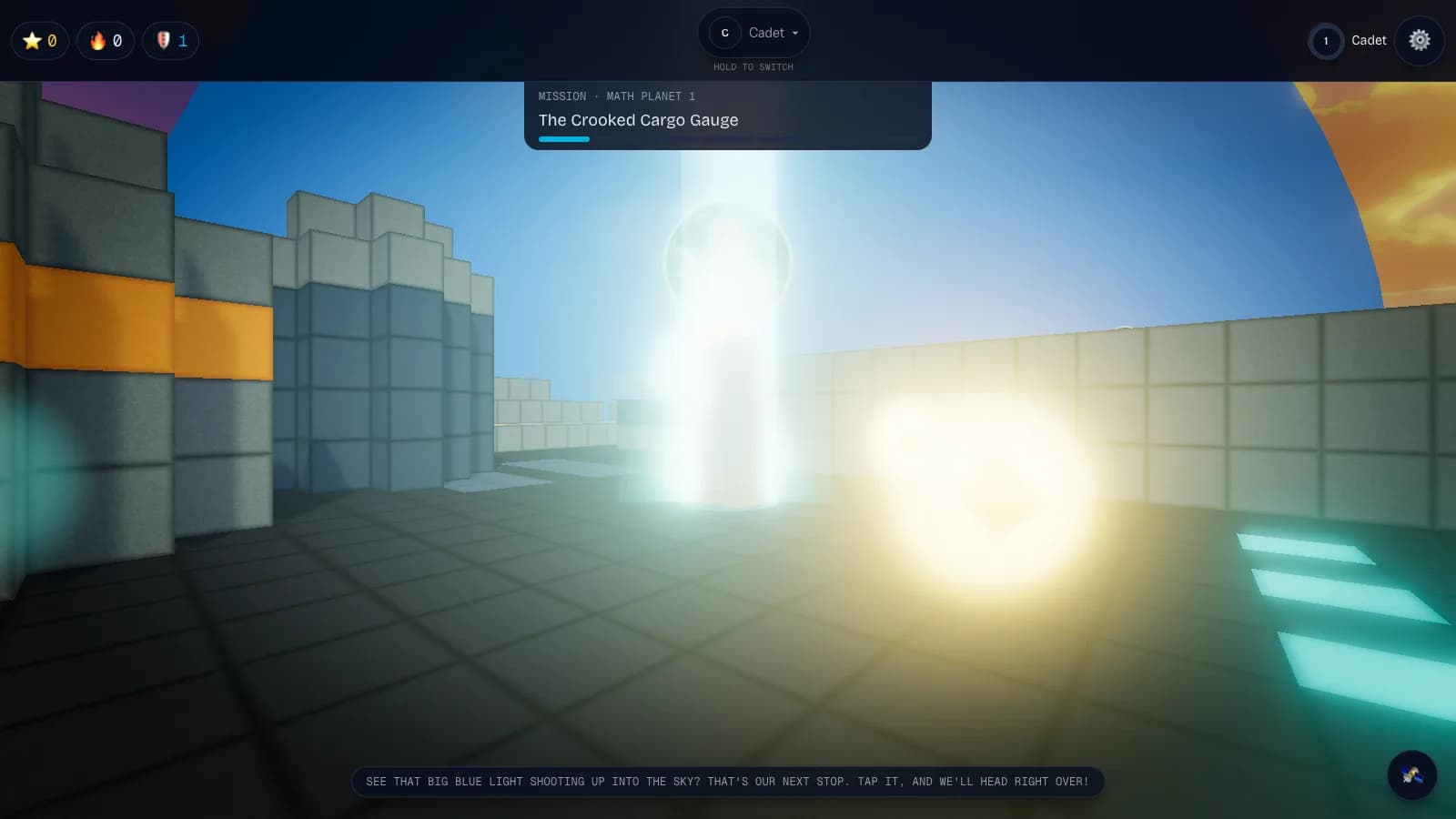 In-world view of Tally Flats: cargo crates and depot walls under a blue sky, with the mission beacon overhead.
