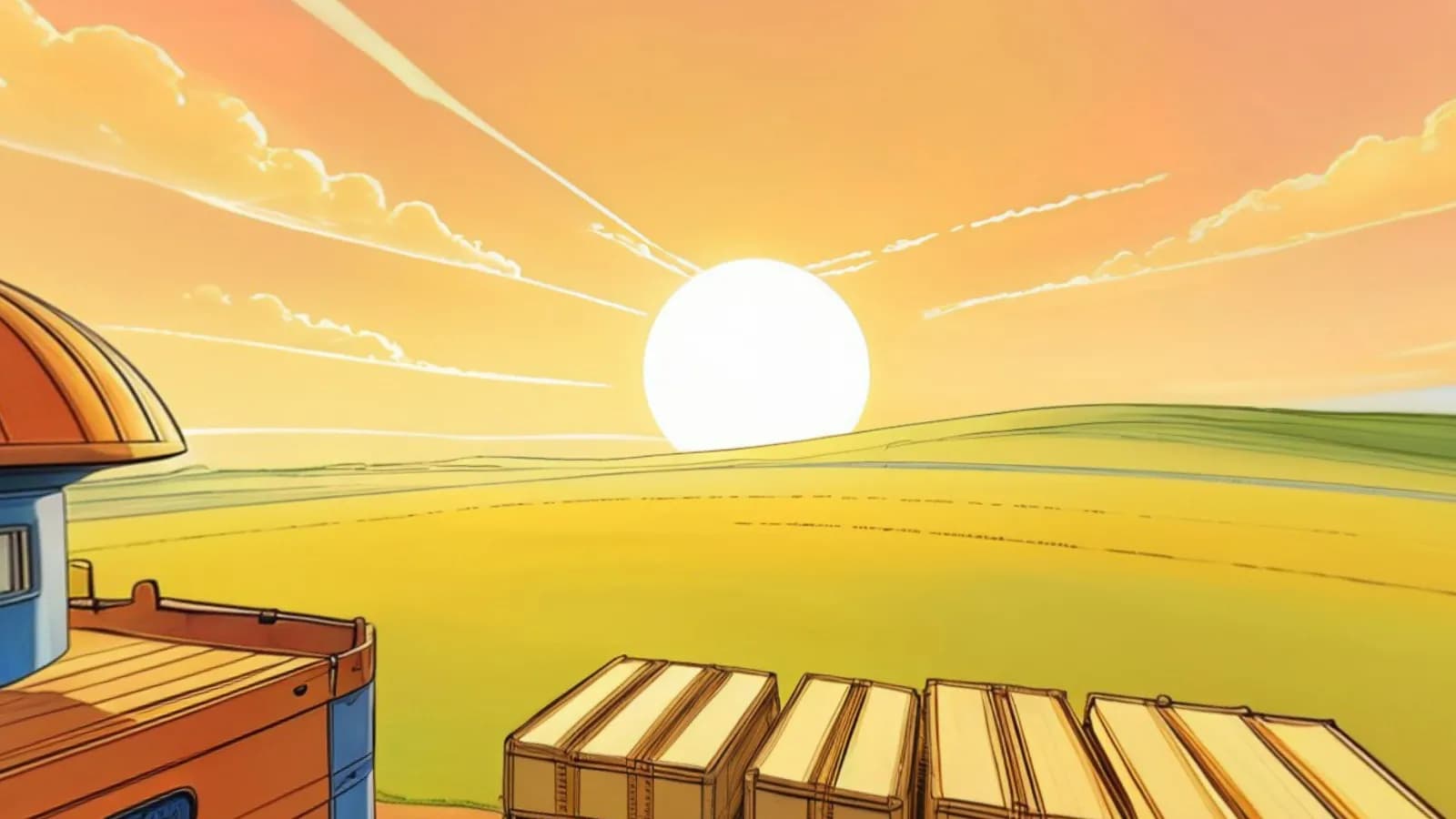 Low sun over the Tally Flats cargo yard: green plains, a domed depot, and a row of cargo crates waiting on the pad.
