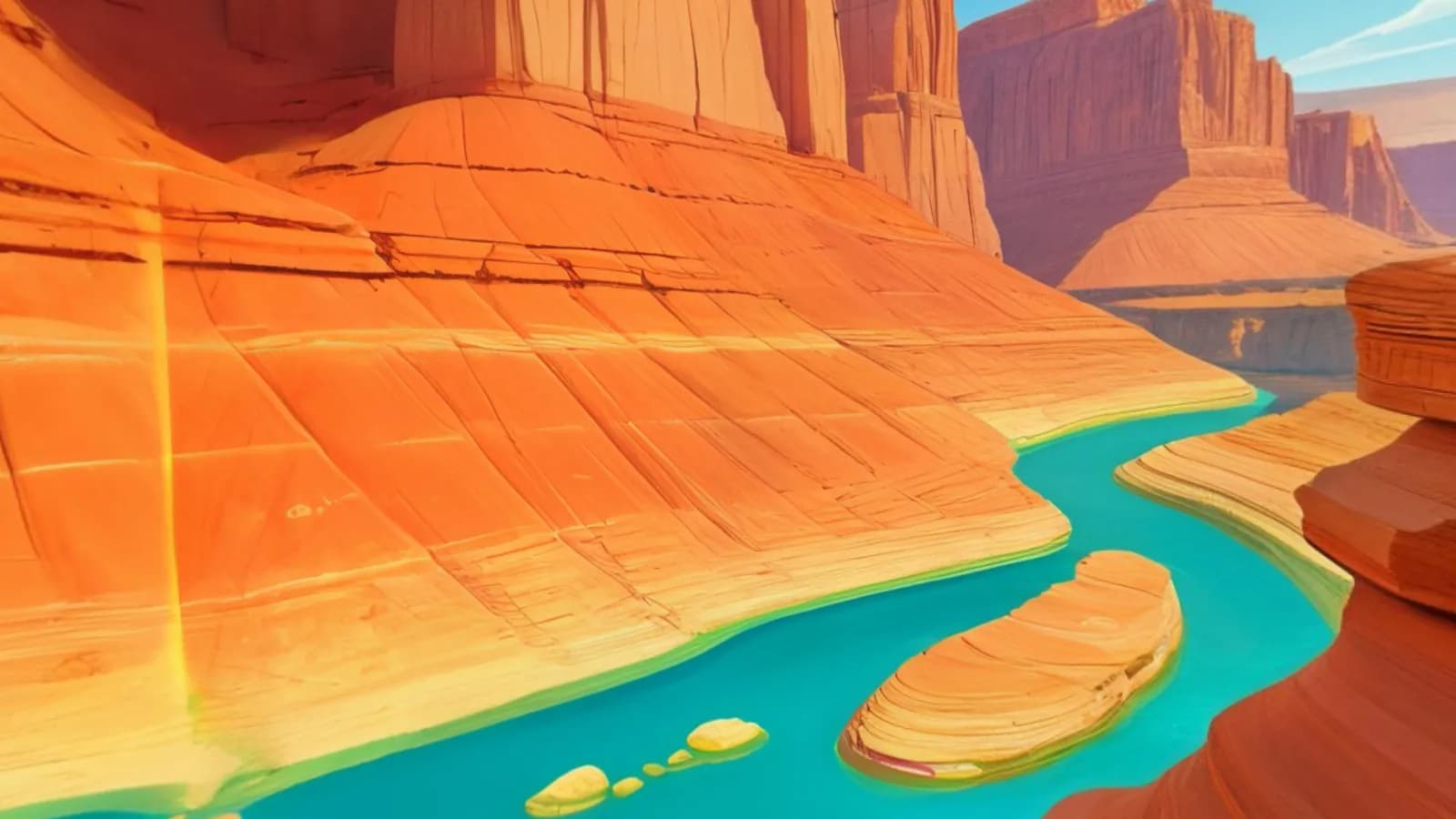 Carry Canyon from the rim: a turquoise river winding between sunlit red-rock mesas.
