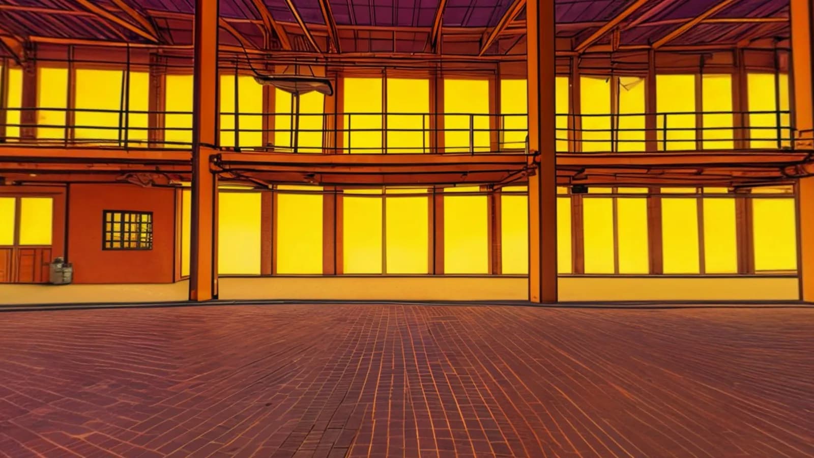 The Array Foundry floor at dusk: a tall lit hall above tiled ground that runs away in even rows and columns.