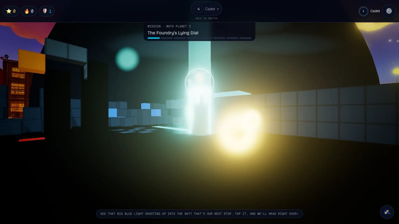 In-world view of the Array Foundry at night: a tiled hall and lit windows near the mission beacon.