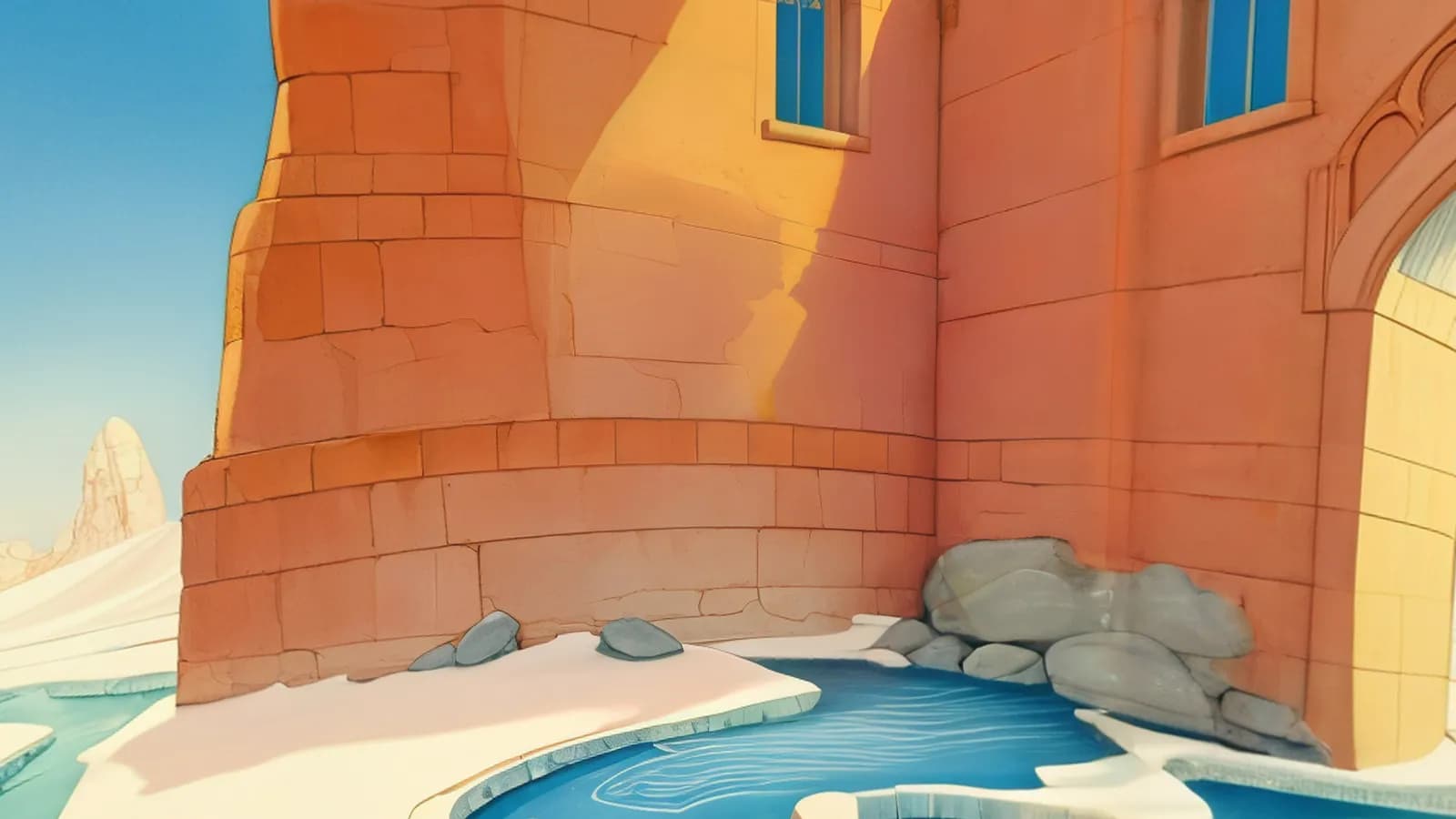 Fraction Falls from the water's edge: a tall sandstone tower above a curving blue channel, with ice-white banks and a far spire under a clear sky.