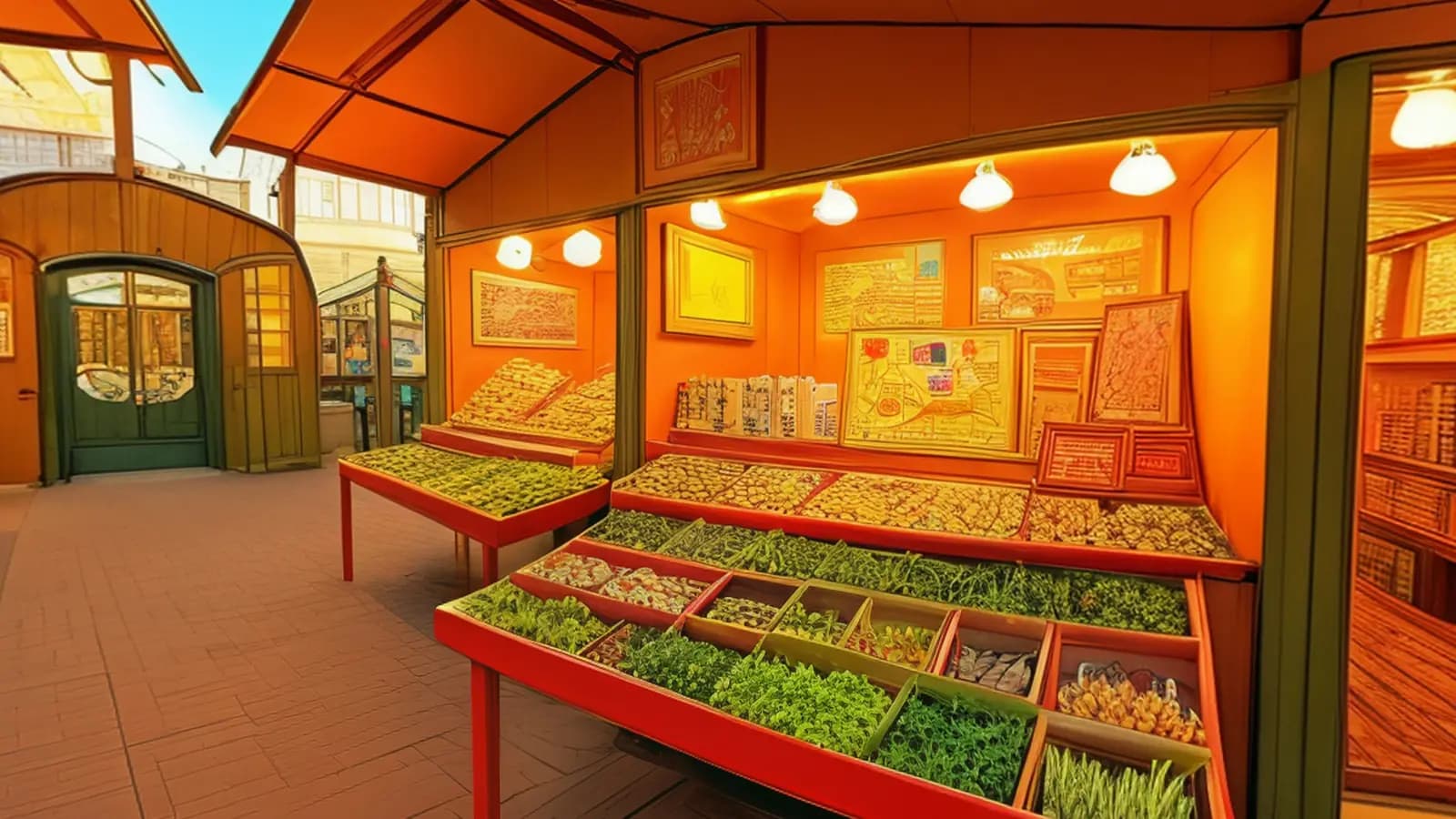 The Ratio Bazaar under its arched roof: a warm-lit market stall with goods laid out in crates and a trade board on the wall.
