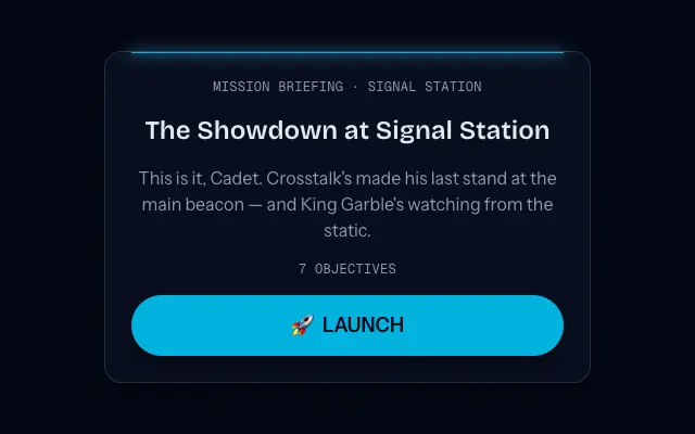 A StarSeeker mission briefing card: 'The Showdown at Signal Station,' with seven objectives and a LAUNCH button