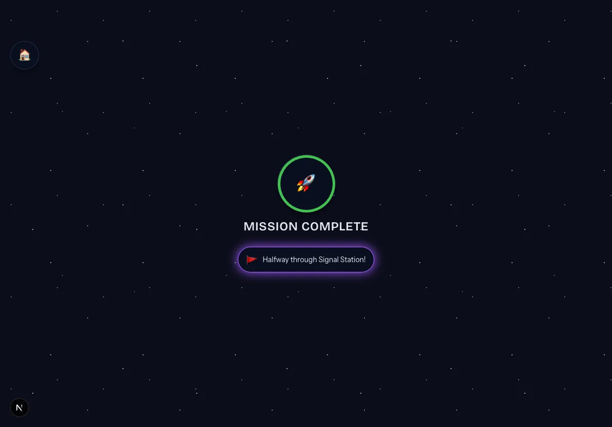 Mission complete screen celebrating a finished reading mission with no pass/fail score shown